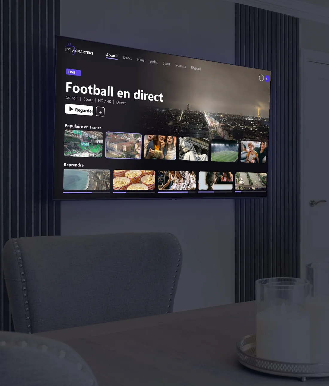 Application IPTV sur la télévision du salon avec les chaînes en direct